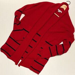 Liz Claiborne Red Cardigan with Navy Blue Stripes Women’s Size Large